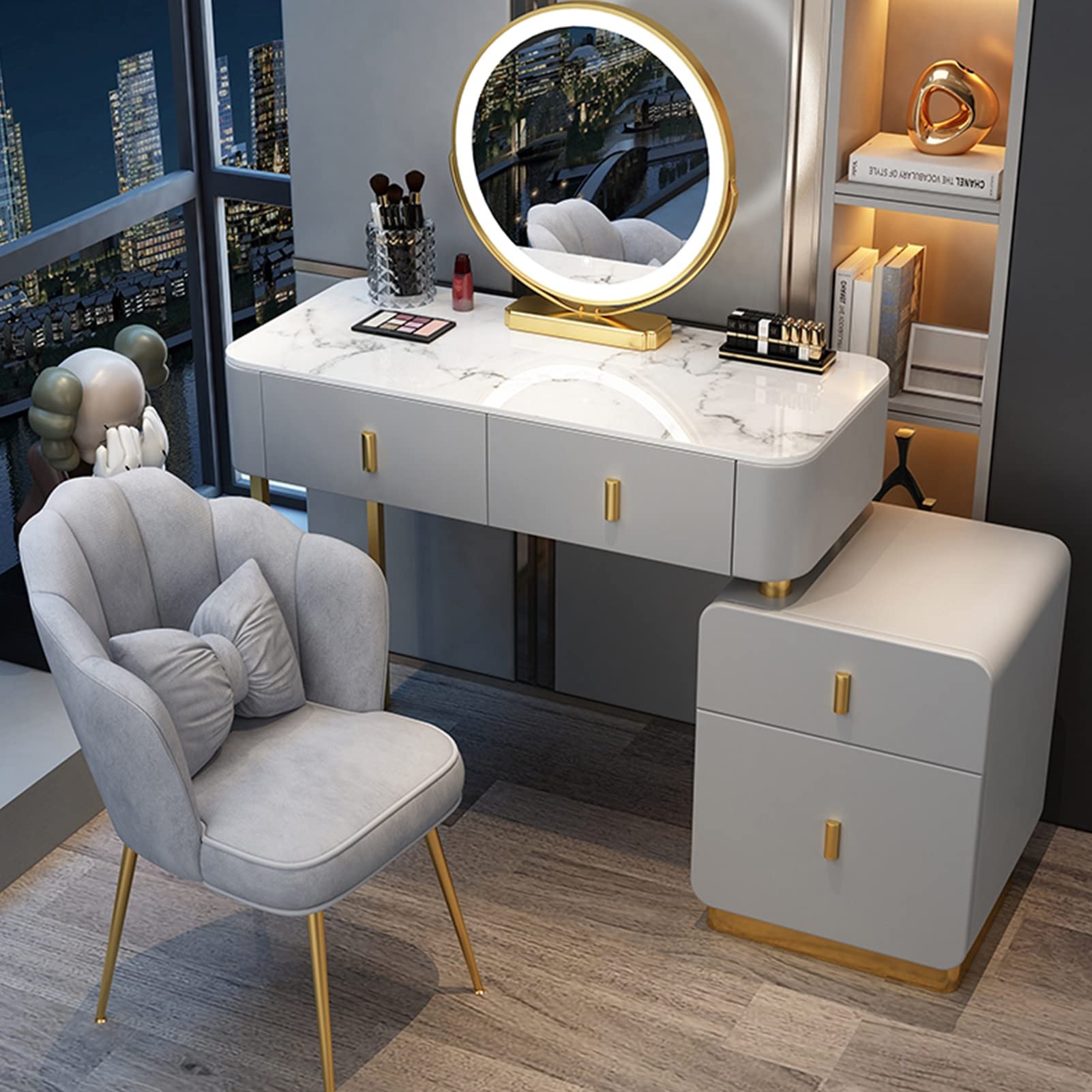 Amazon｜スツール付きドレッサー、鏡台 大容量引き出し、ロックスラブ